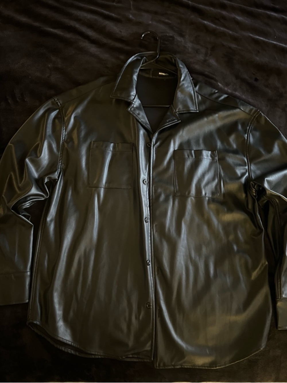 Men's Black Faux Leather Button-Up Shirt Jacket